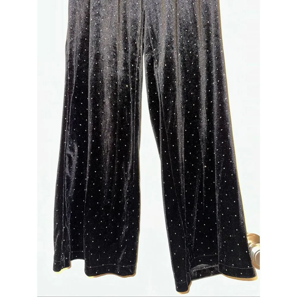 SHEIN Women’s Small Black Velvet Side Tie Rhinestone Detail Pants EUC